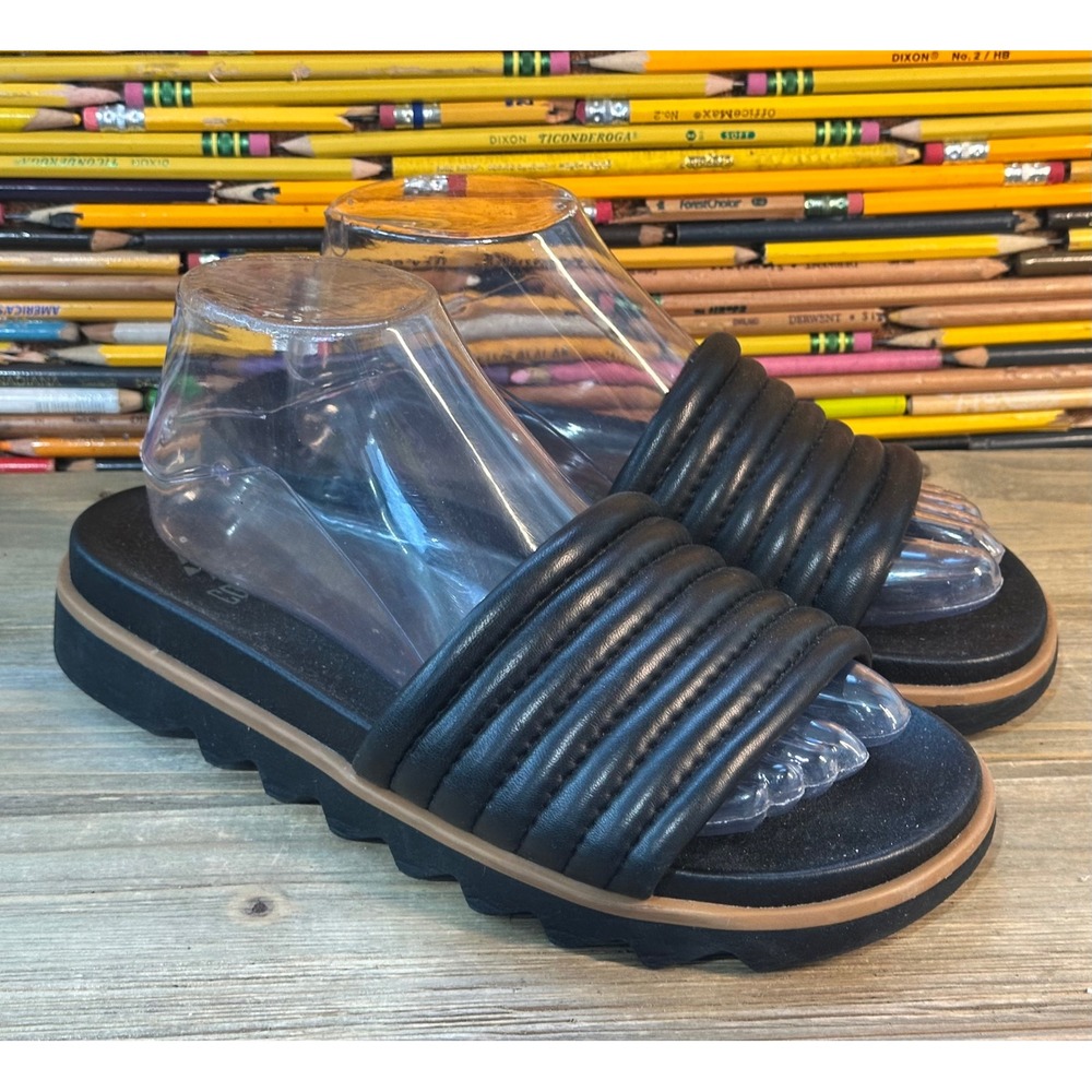 Cougar Naomi Puffy Quilted Leather Slides Sandals Womens 8.5 Black Excellent